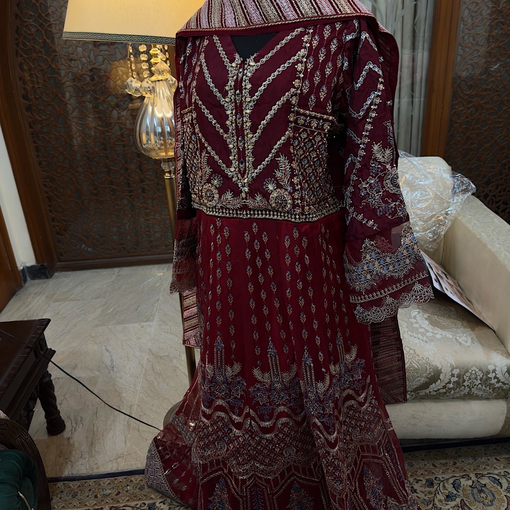 Designer ZebTan stitched Formal Maxi/Long dress deep red color with real work